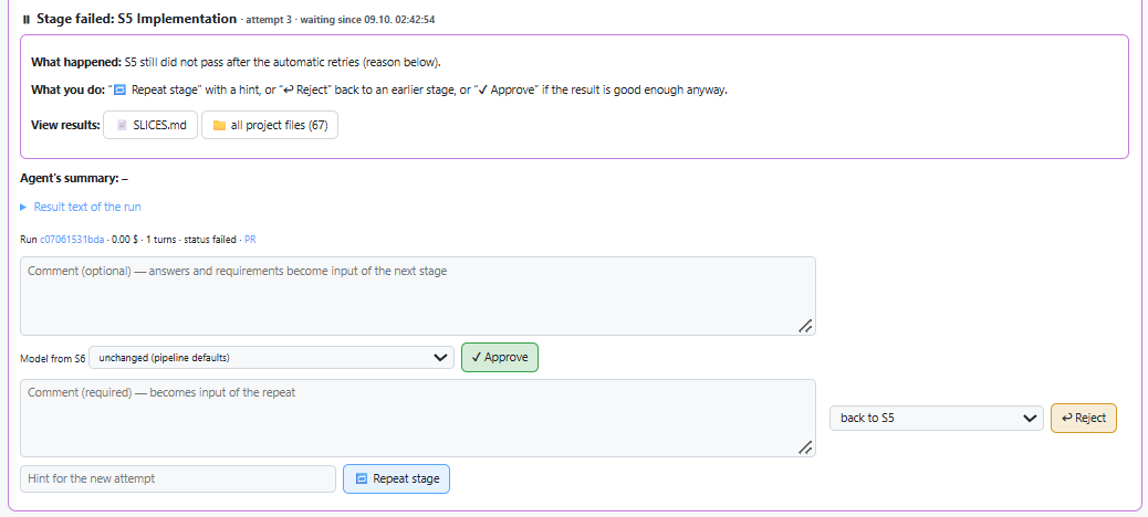 Sign-off point after a failed stage