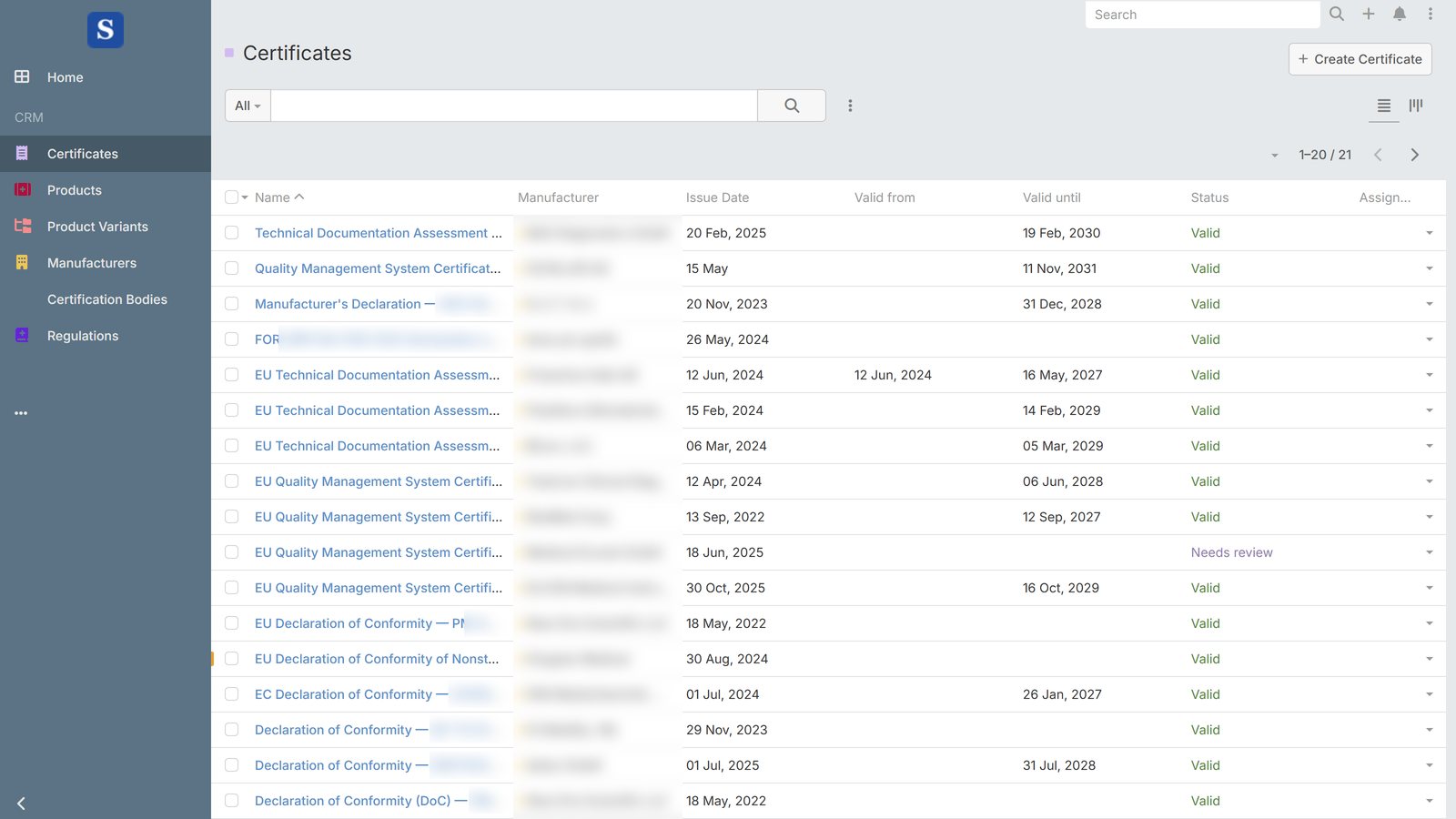 Live certificate register; manufacturer names and document numbers blurred.