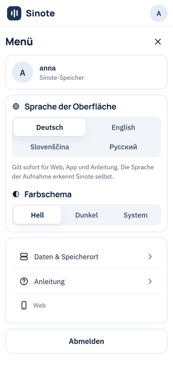 Menü: Sprache der Oberfläche und Farbschema