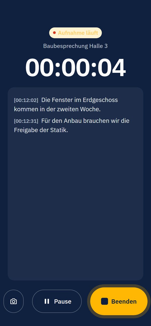 Ruhiger Aufnahme-Bildschirm mit Uhr und mitlaufendem Text