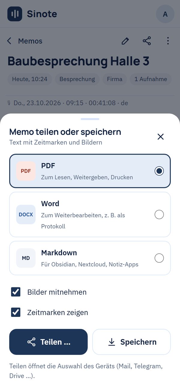 Memo als PDF, Word oder Markdown teilen oder speichern