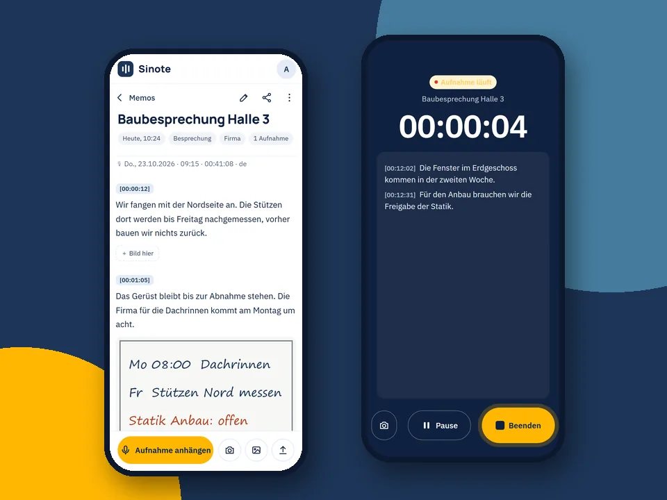 Sinote auf zwei Handys: ein Memo mit Zeitmarken und Foto, daneben der Aufnahme-Bildschirm mit Live-Text.