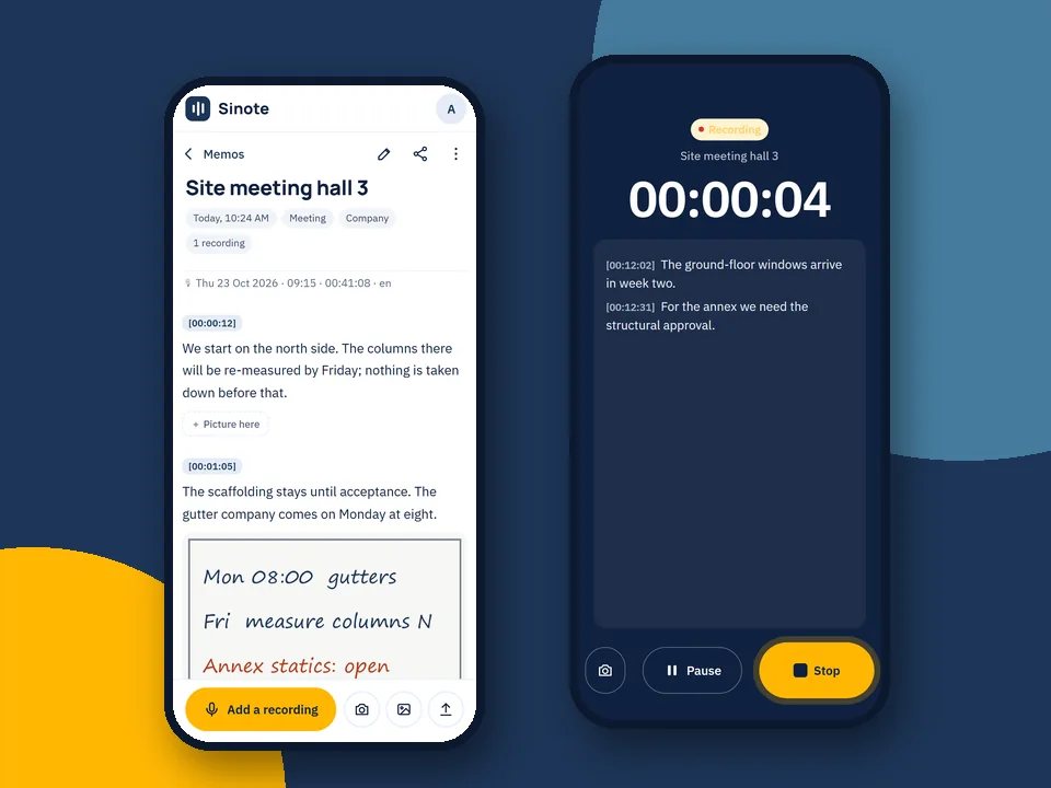 Sinote on two phones: a memo with time stamps and a photo, and the recording screen with live text.