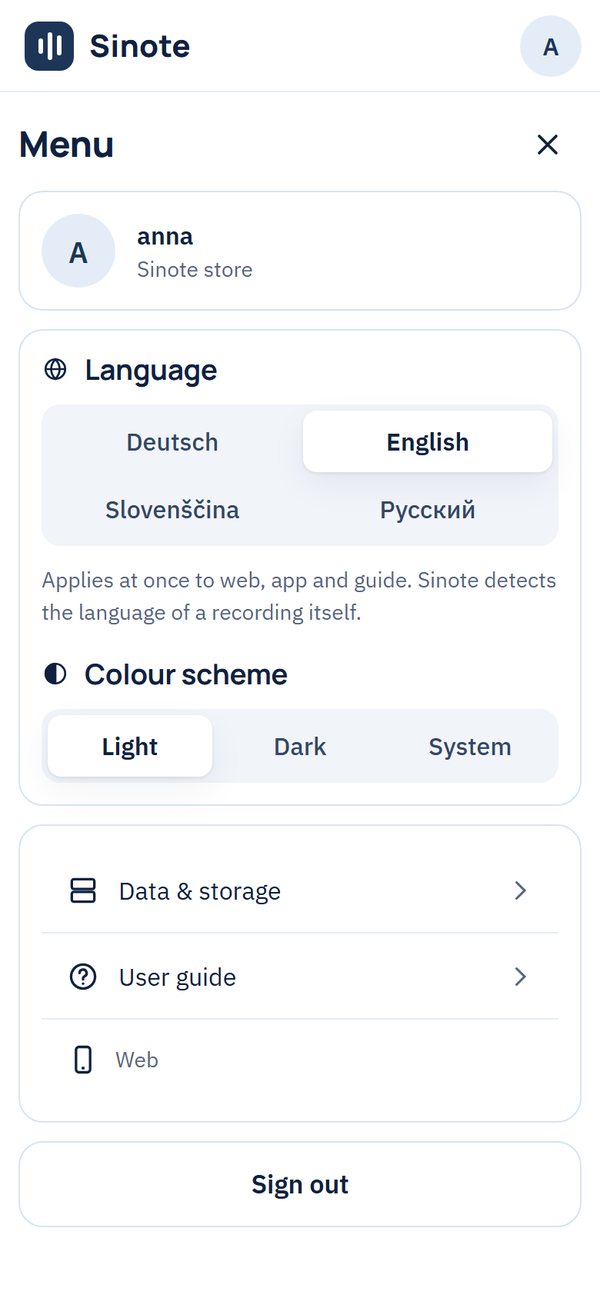 Menu: interface language and colour scheme