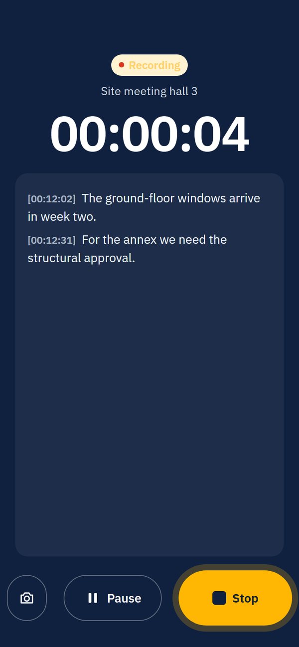 Calm recording screen with clock and live text