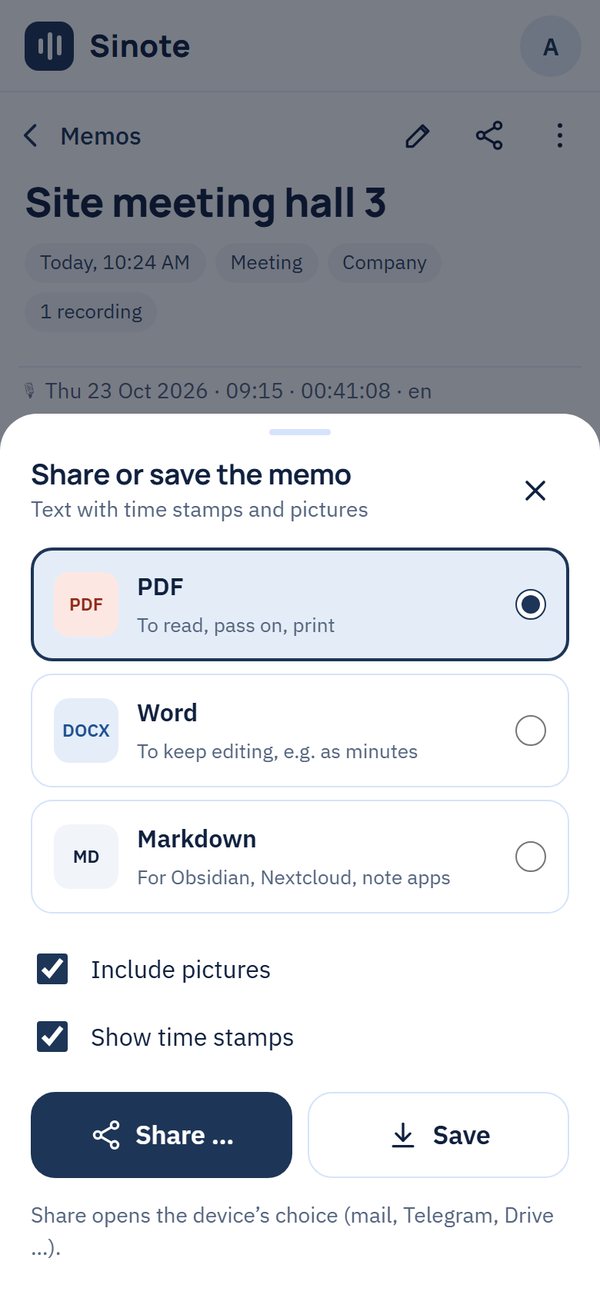 Share or save a memo as PDF, Word or Markdown